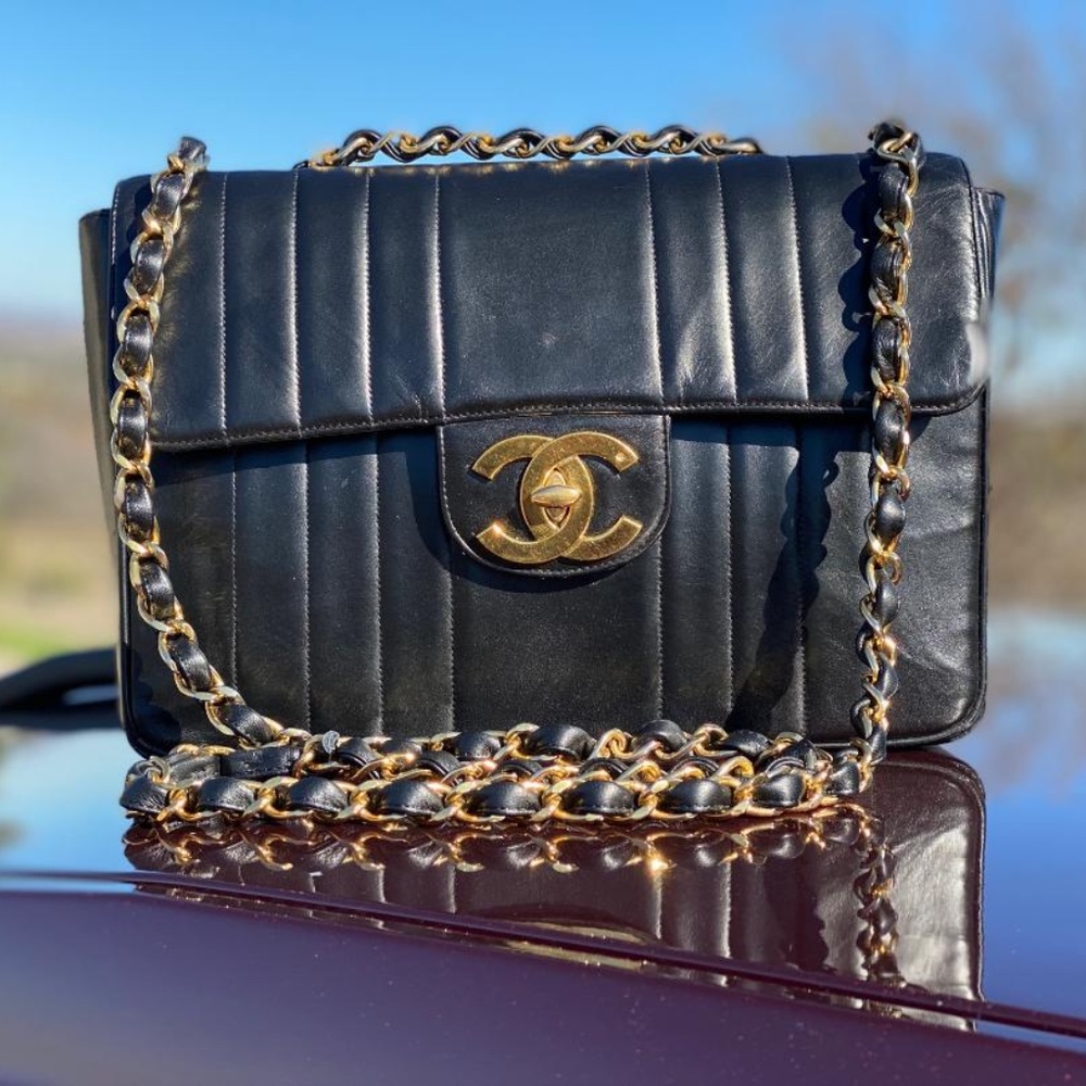 SOLD!!Chanel Vertical Black Lamb Quilt Jumbo Flap